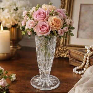 Vintage Cut Crystal Bud Vase 6.75” Tall Starburst Floral Etched Glass Vase